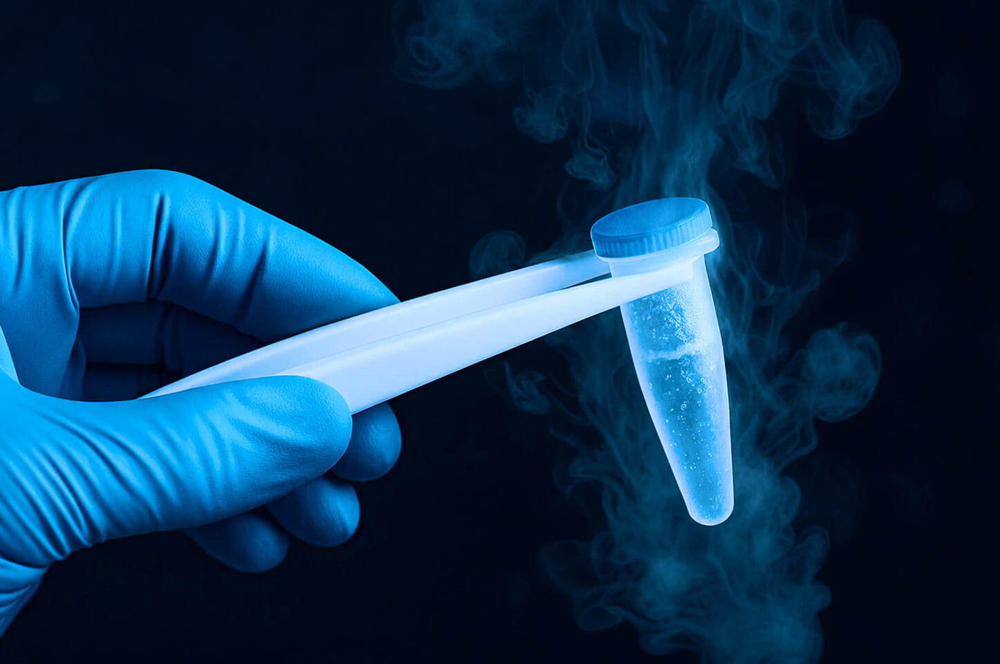 A gloved hand holding a cold vial